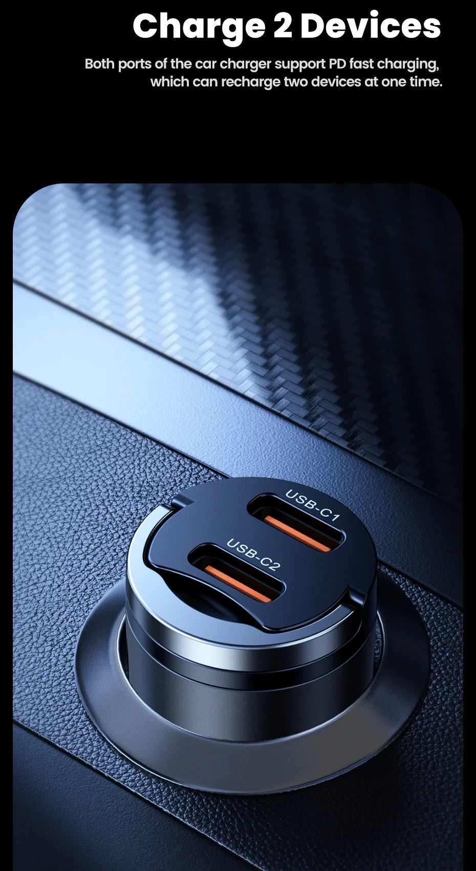 Toocki 45W Mini PD Car Charger — Fast Charging USB-C for iPhone & Samsung
