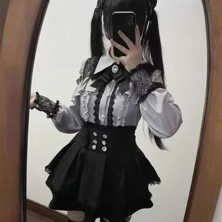Japanese Gothic Lolita Mini Dress — Harajuku Y2K Bow Lace Ruffle Party Dress