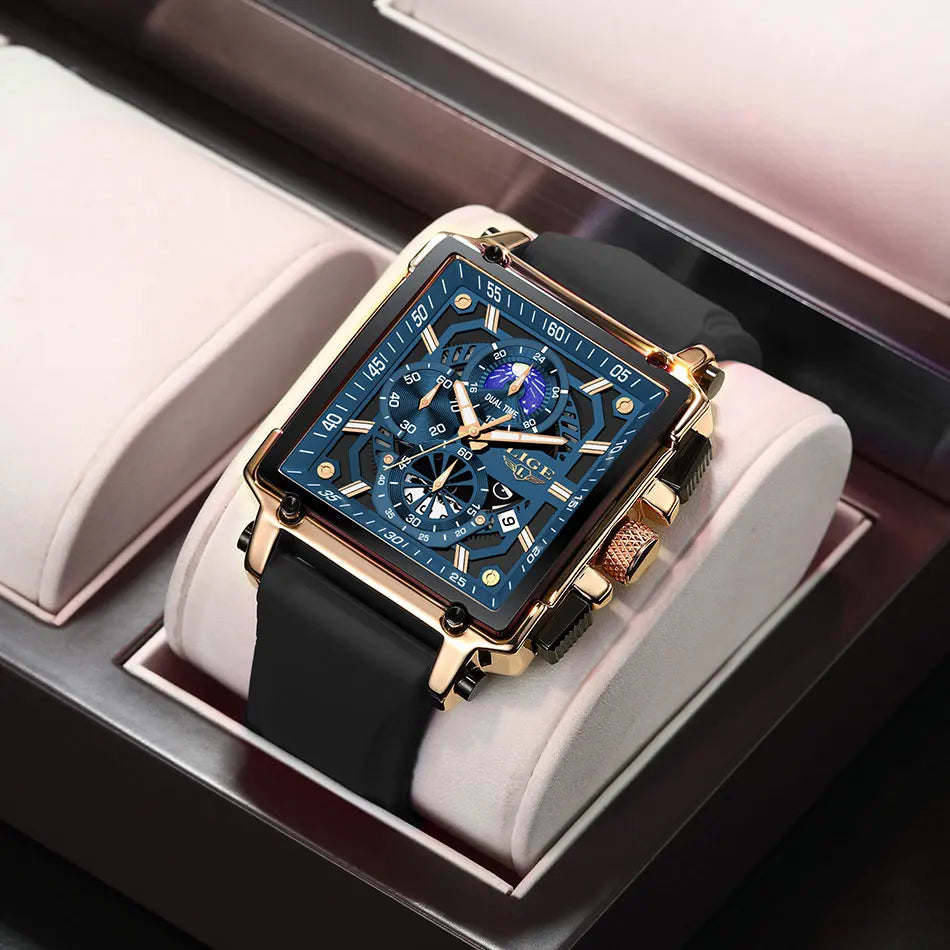 LIGE Men's Hollow Square Sport Watch | Fashion Silicone Strap Waterproof Quartz Wristwatch with Box