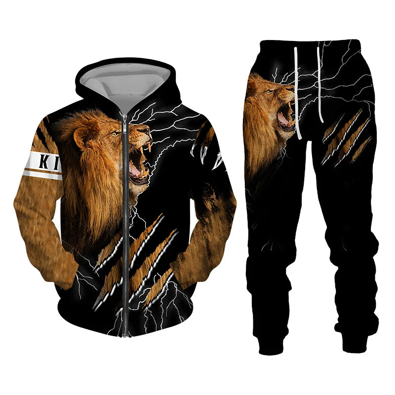 Men's 3D Lion Print Zip-Up Hoodie & Elastic Waist Pants Tracksuit Set