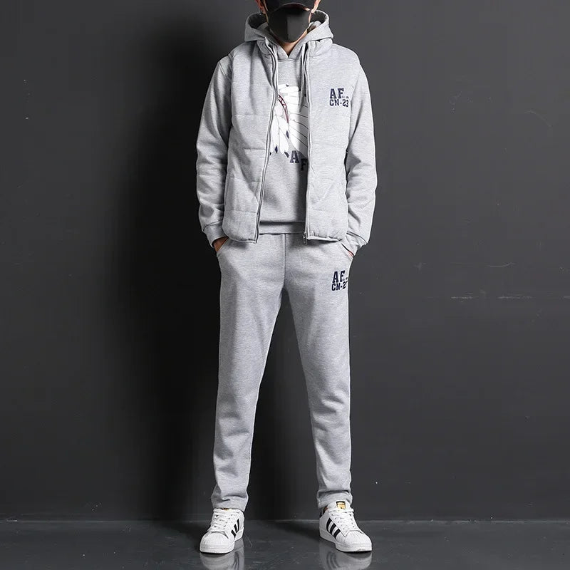 Men's 3-Piece Winter Tracksuit – Hoodie, Vest & Pants Thick Warm Set