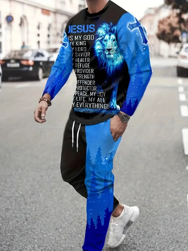 Men's 3D Print Long Sleeve T-Shirt & Jogger Pants Street Tracksuit