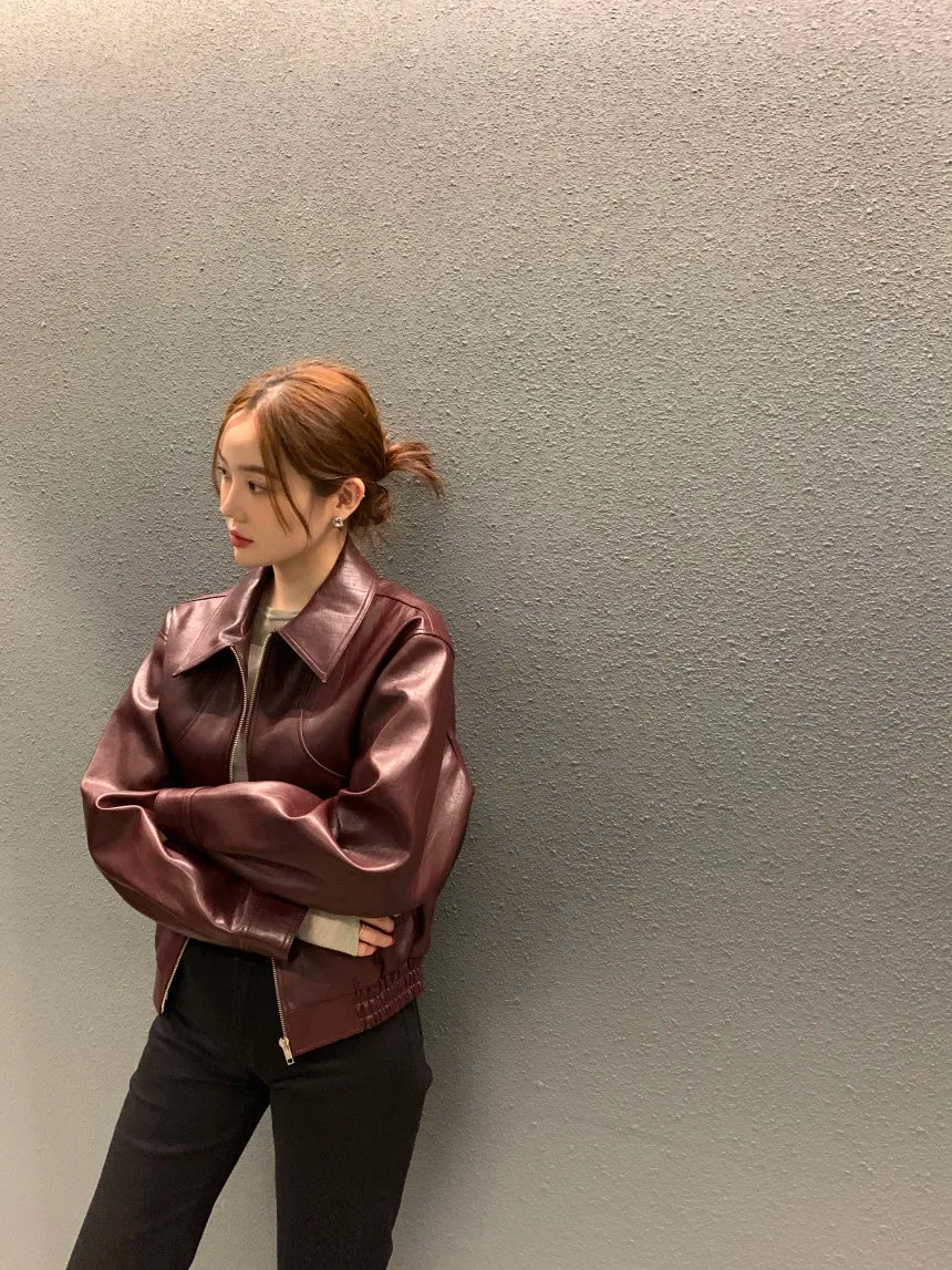 Women's Cropped Faux Leather Jacket – Lapel Zip Front