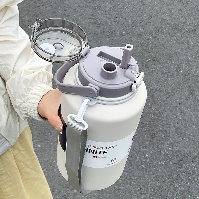 2000ml Large Capacity Insulated Stainless Steel Water Jug with Handle & Dual Lids – 24Hr Cold, 12Hr Hot
