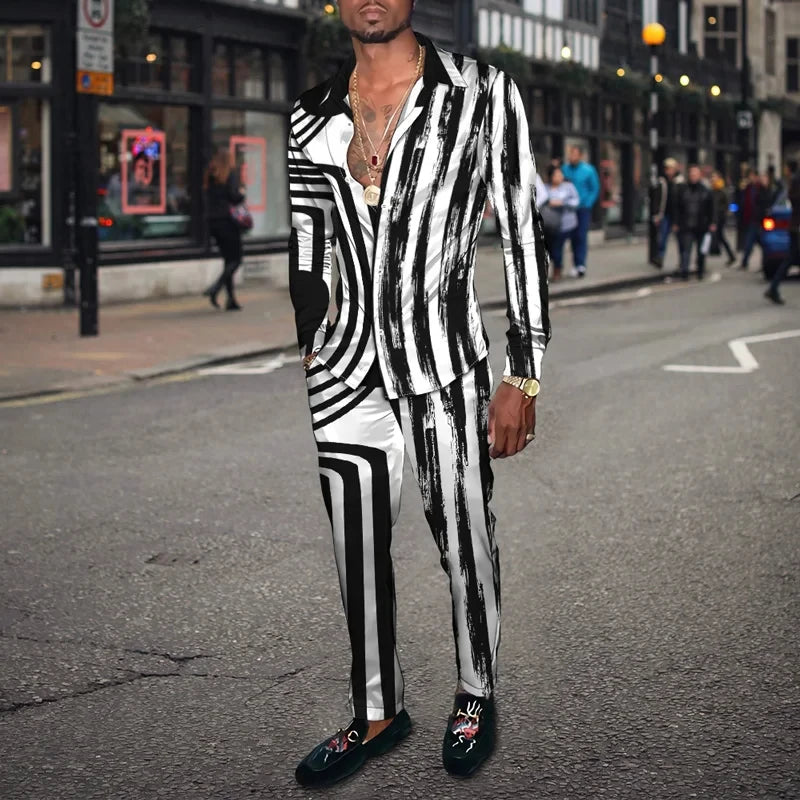 Men's 3D Retro Harajuku Print Long Sleeve Lapel Shirt & Long Pants 2-Piece Set