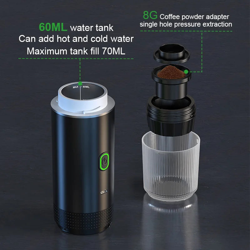DENOKIN 3-in-1 Portable Espresso Coffee Machine — 20 Bar Pressure, USB-C Charging, Capsule & Ground Coffee Compatible for Travel, Car & Home