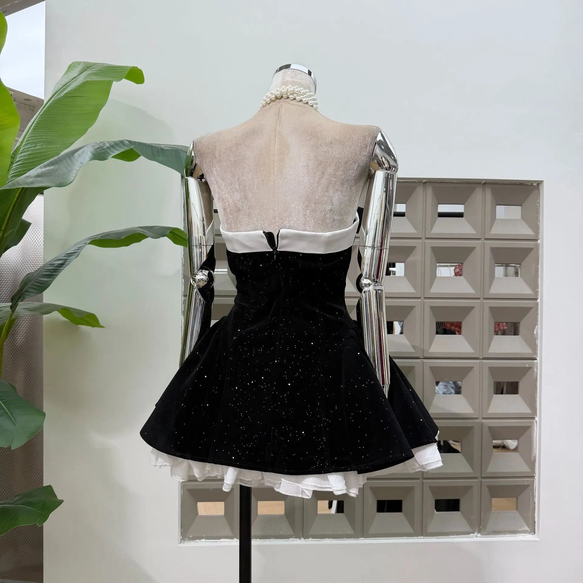 Women's Strapless Backless Polka Dot Bow A-Line Dress – Party Evening Ball Gown