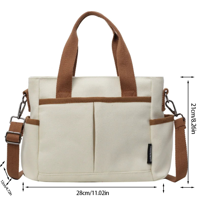 Multi-Pocket Canvas Tote Shoulder Bag – Large Capacity Commuter Shopping Handbag for Women