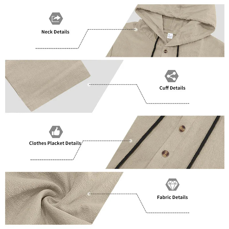 Men's Linen Casual Loose Hooded Henley Shirt & Long Pants Set – Relaxed Autumn 2-Piece Suit