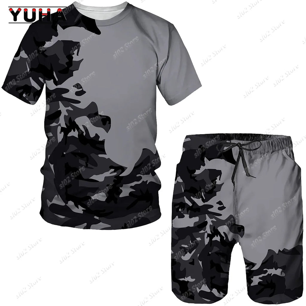 Men's Camouflage T-Shirt & Shorts Tracksuit Set – Outdoor Camping Hunting Sport