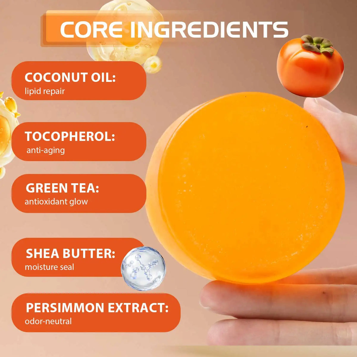 Persimmon & Green Tea Soap Bar – Natural Body Odor Soap for Men & Women, 100g