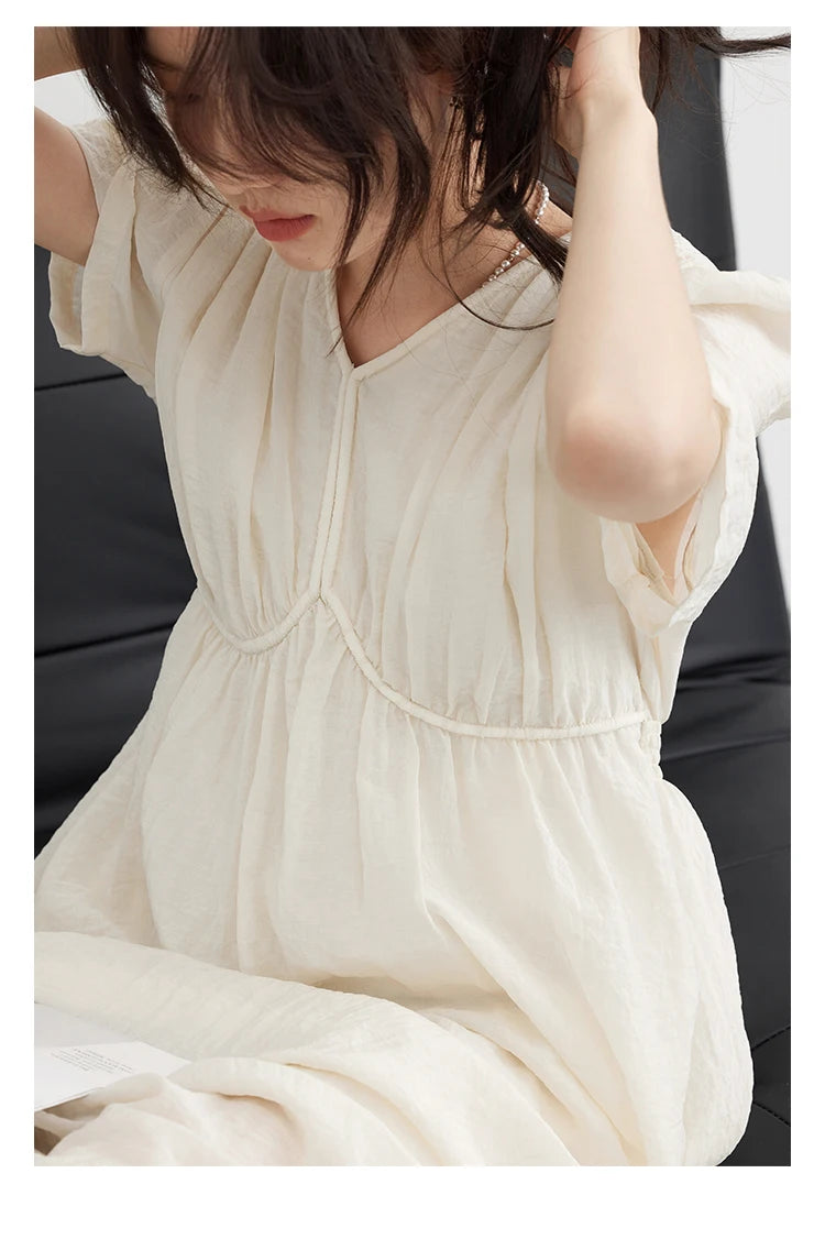 CHIC VEN Women Dresses French Style Vintage V-neck Puff Sleeve Long Dress Solid Black Loose Female Clothing Summer New 2023