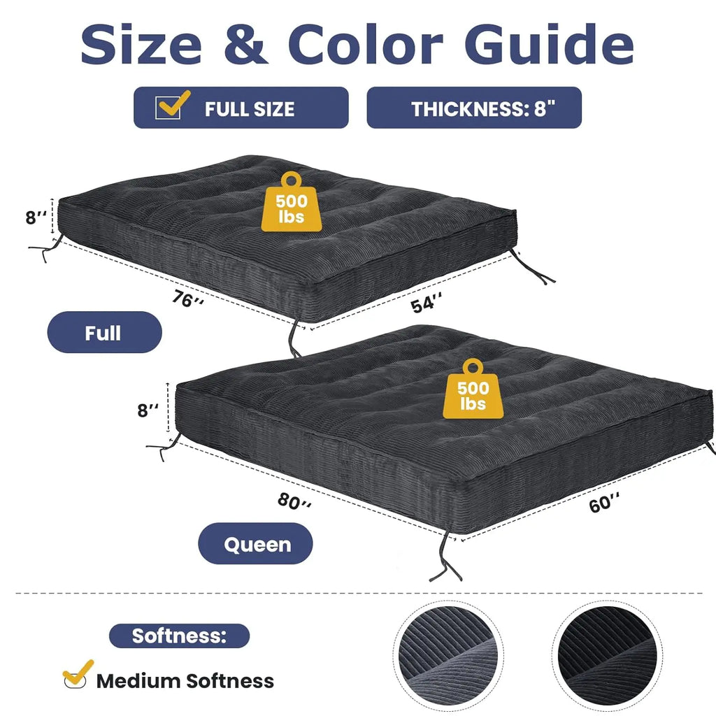 8" Thick Futon Mattress Full Size Shredded Foam Medium Firm Roll Up Folding Floor Sofa Bed Adults Customized