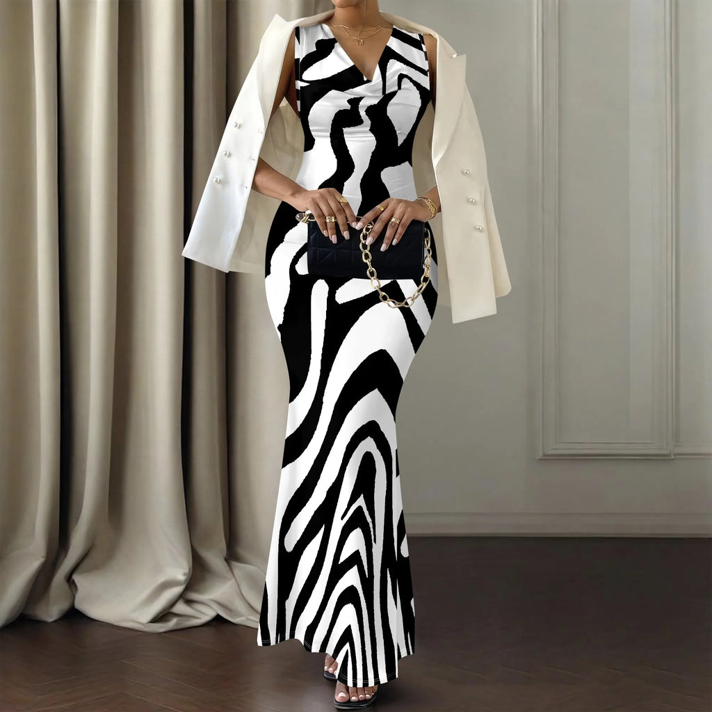 Colorful Geometric Off-Shoulder Maxi Dress — Artistic Party Evening Resortwear Dress