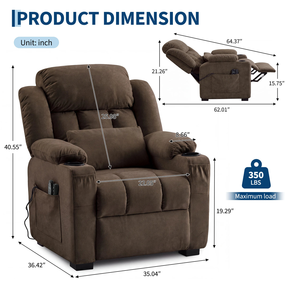 Power Recliner with Heat, Massage & 22-Inch Seat