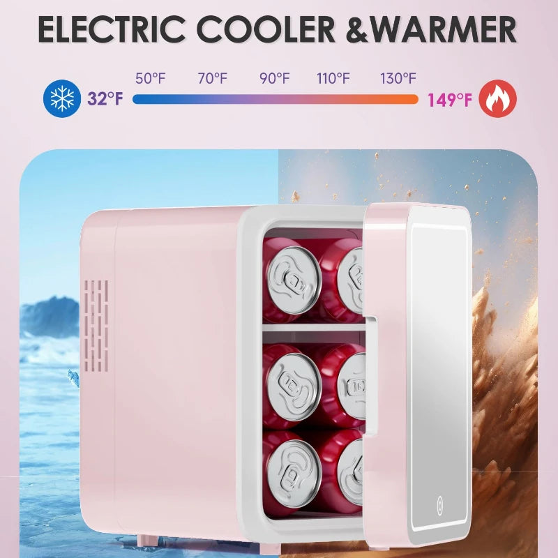 Skincare Fridge with Dimmable LED Light Mirror — 4L Makeup Mini Fridge for Bedroom & Car