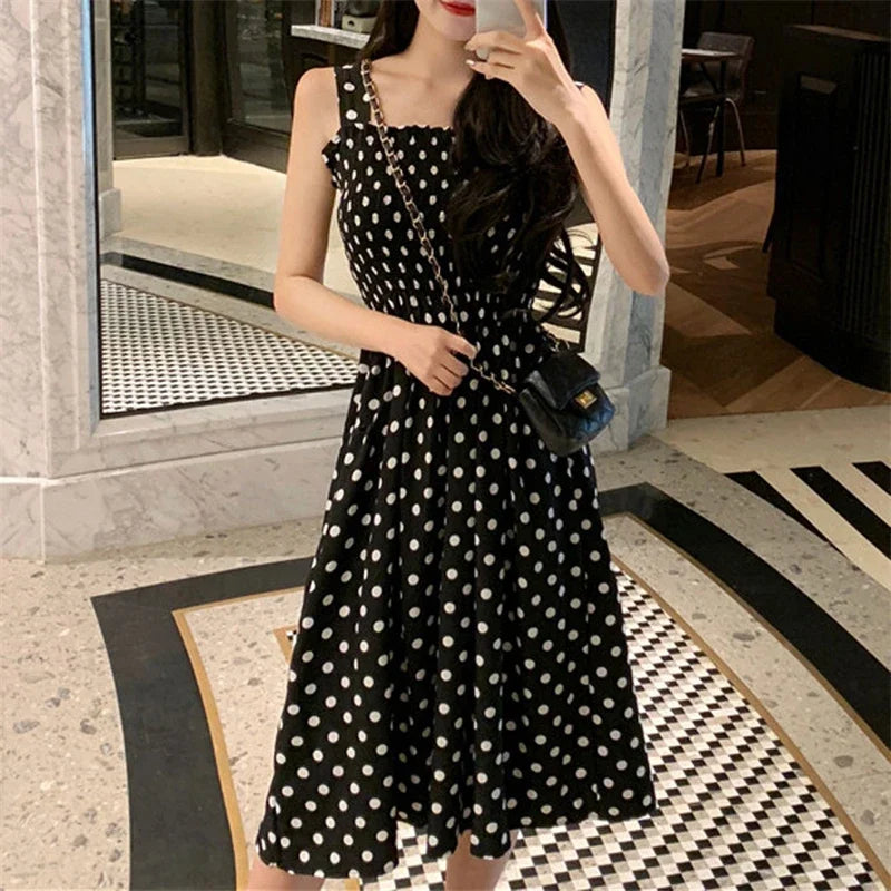 Polka Dot Square Neck Chiffon Maxi Dress — Sleeveless Elegant Long Dress