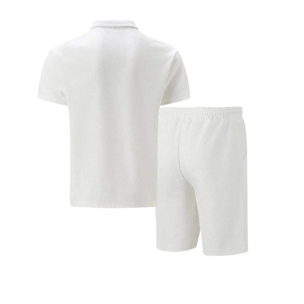 Men's Waffle Solid Color Zip Lapel Short Sleeve & Shorts Set – European Summer 2-Piece Suit