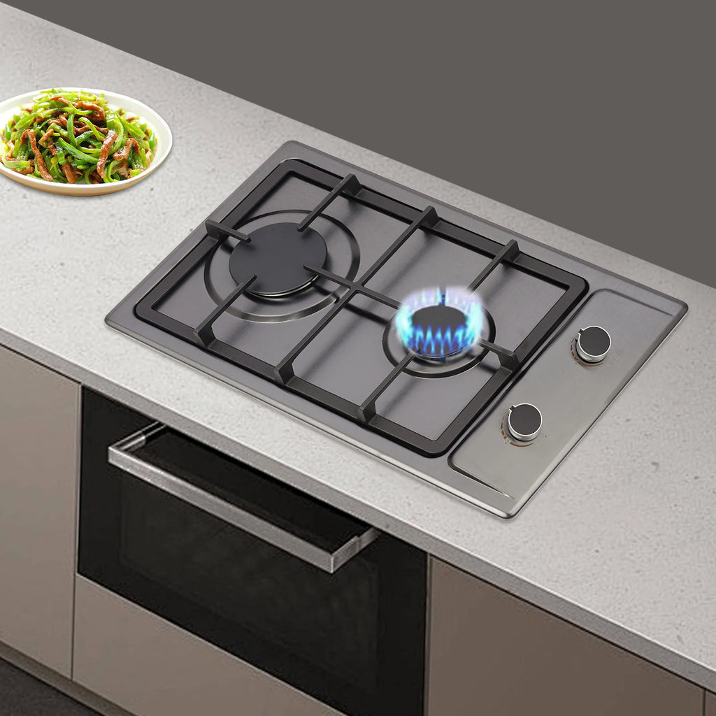 2-Burner Stainless Steel Gas Hob – 3KW + 1.75KW, Portable Countertop or Flush Mounted, 51x31x10cm