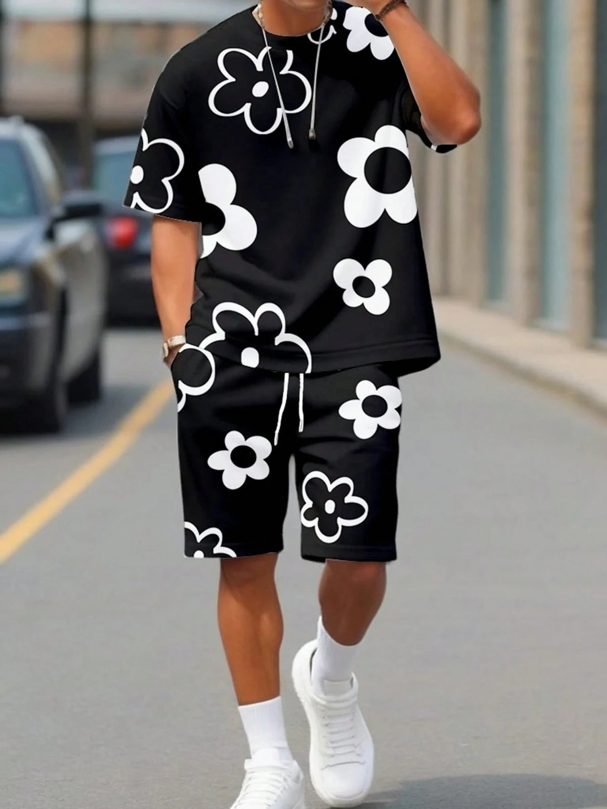 Men's Flower Graphic Print T-Shirt & Elastic Waist Shorts Casual Two-Piece Set