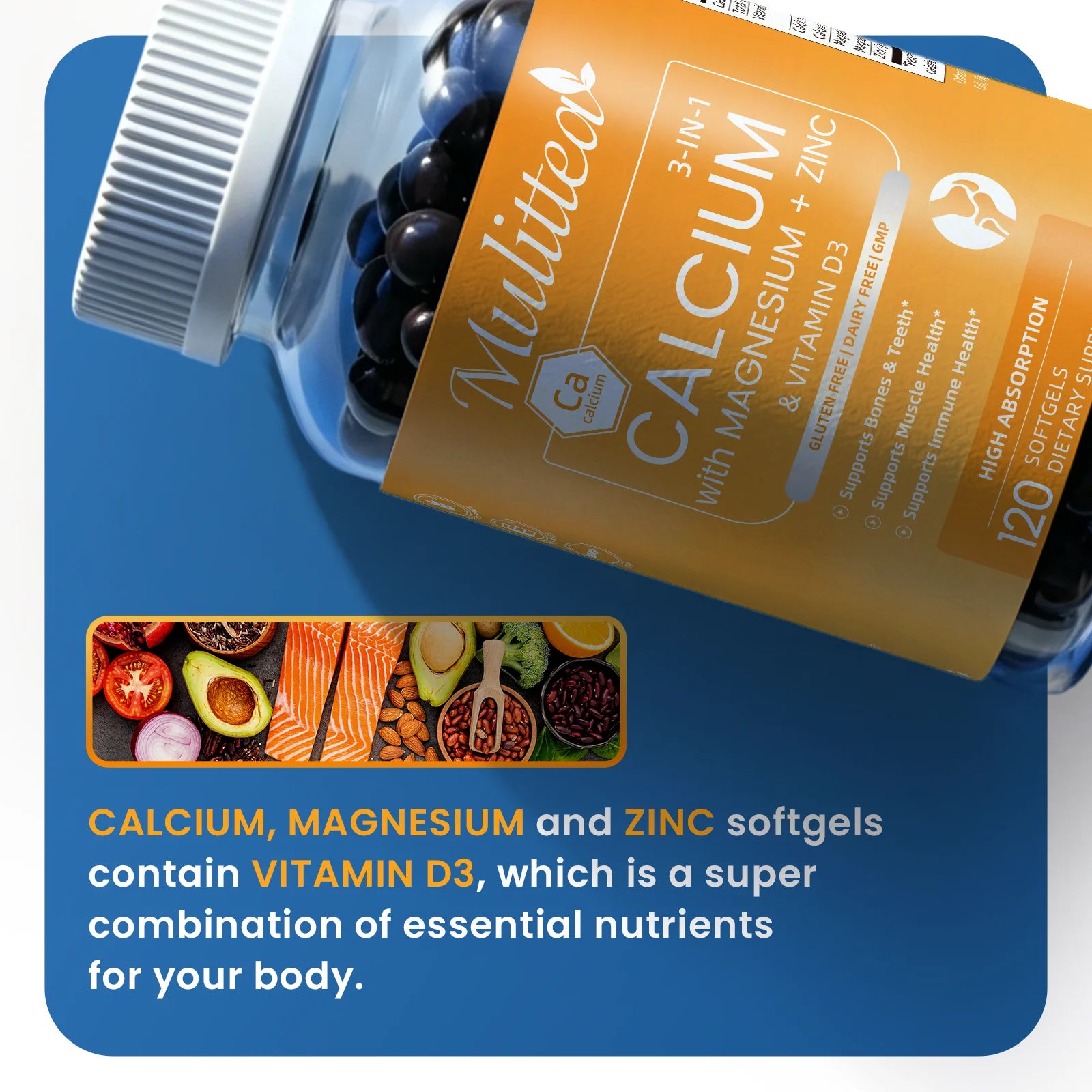 Calcium, Magnesium, Zinc & D3K2 Capsules – Bone, Muscle, Joint & Immune Support, 60 or 120 Capsules