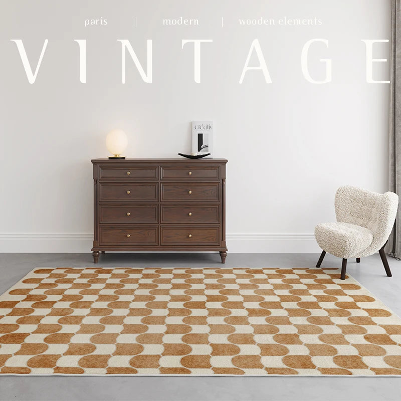 French Retro Checkerboard Plush Rug – Large Area Plaid Carpet for Bedroom & Living Room, 20 Styles & 10 Sizes