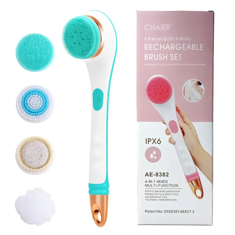Electric Bath Brush with Long Handle – IPX6 Waterproof, 4 Replaceable Heads, Body Scrubber & Massager