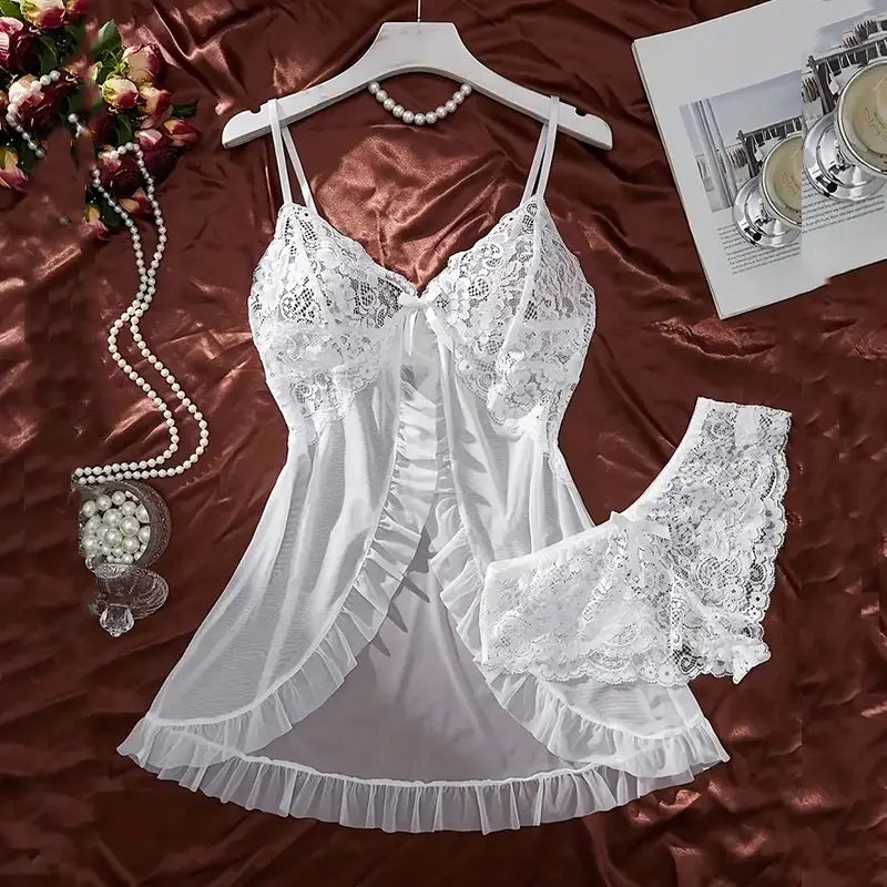 Women's Plus Size Lace Nightgown Set | Transparent Ultra-Thin Mini Pajama Dress