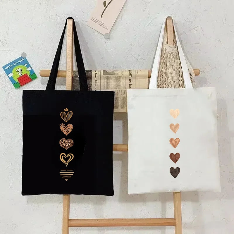 Large Capacity Canvas Shoulder Bag – Harajuku Watercolor Heart Print Shopper Tote