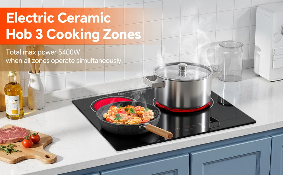 2-Zone Ceramic Hob – 3000W, Child Lock, 9 Heat Levels, 1-99 Min Timer, 60cm Black Glass (CE Certified)