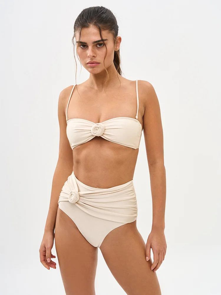 Pleated Swimsuit 2026 | Solid Color, High Waist Bandage Bikini, String Neck, 2-Piece Summer Beach Wear S-XL