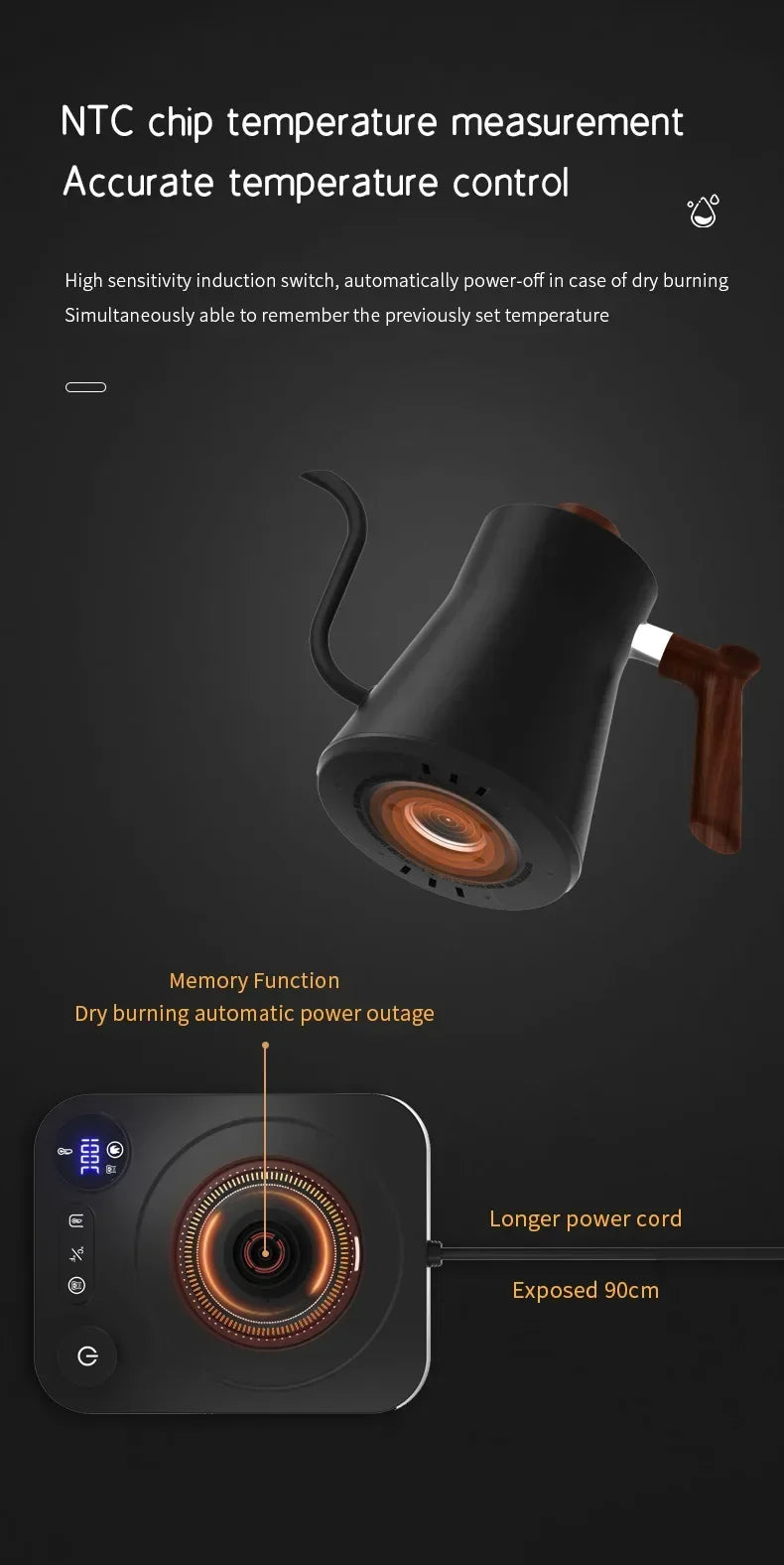 900ml Electric Gooseneck Kettle – 1200W, Stainless Steel, Temperature Control for Coffee & Tea