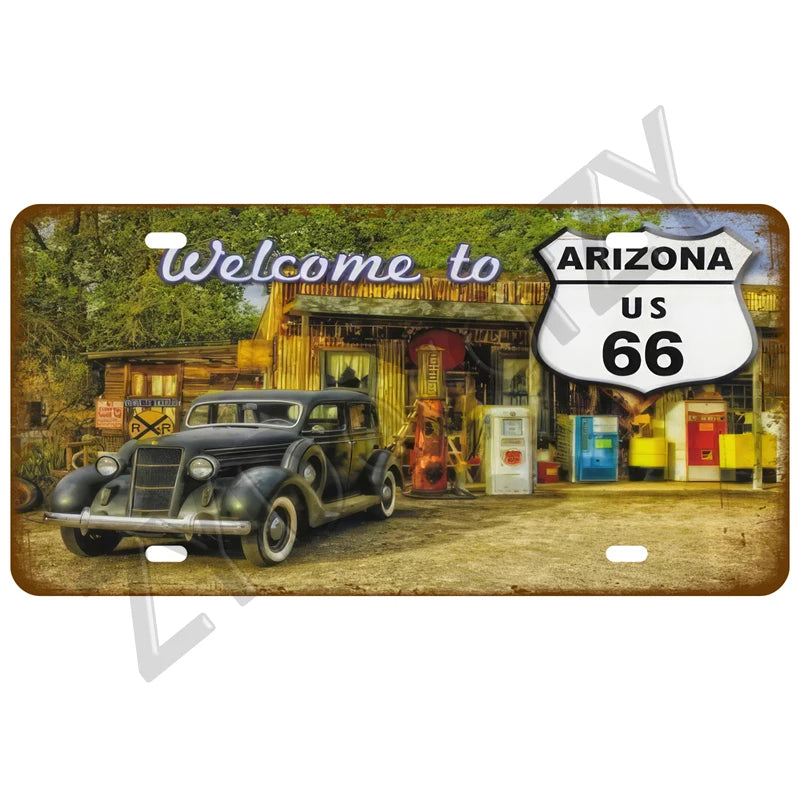 Route 66 Vintage Car Garage Tin Sign — Retro Wall Art Decor