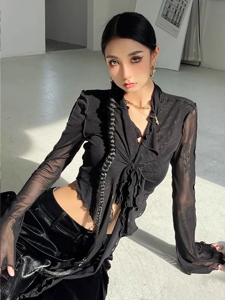 Women's Long Flare Sleeve Blouse – Lace-Up Mesh Korean Fashion Elegant Casual Solid Top