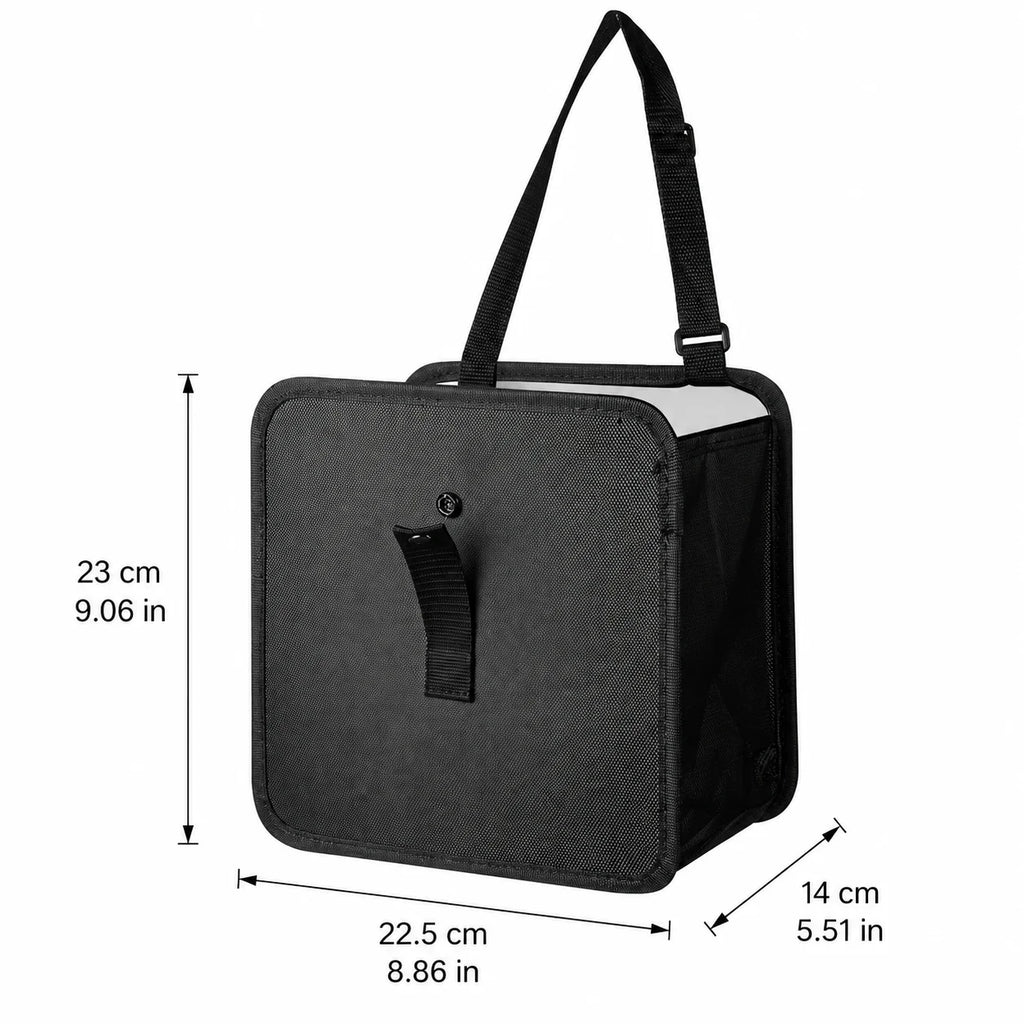 Black insulated bag with dimension markings showing height, width, and depth measurements on a white background.