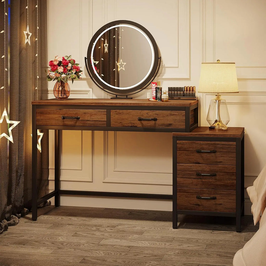 Vanity Desk with 5 Drawers & 3-Drawer Side Chest — No Mirror
