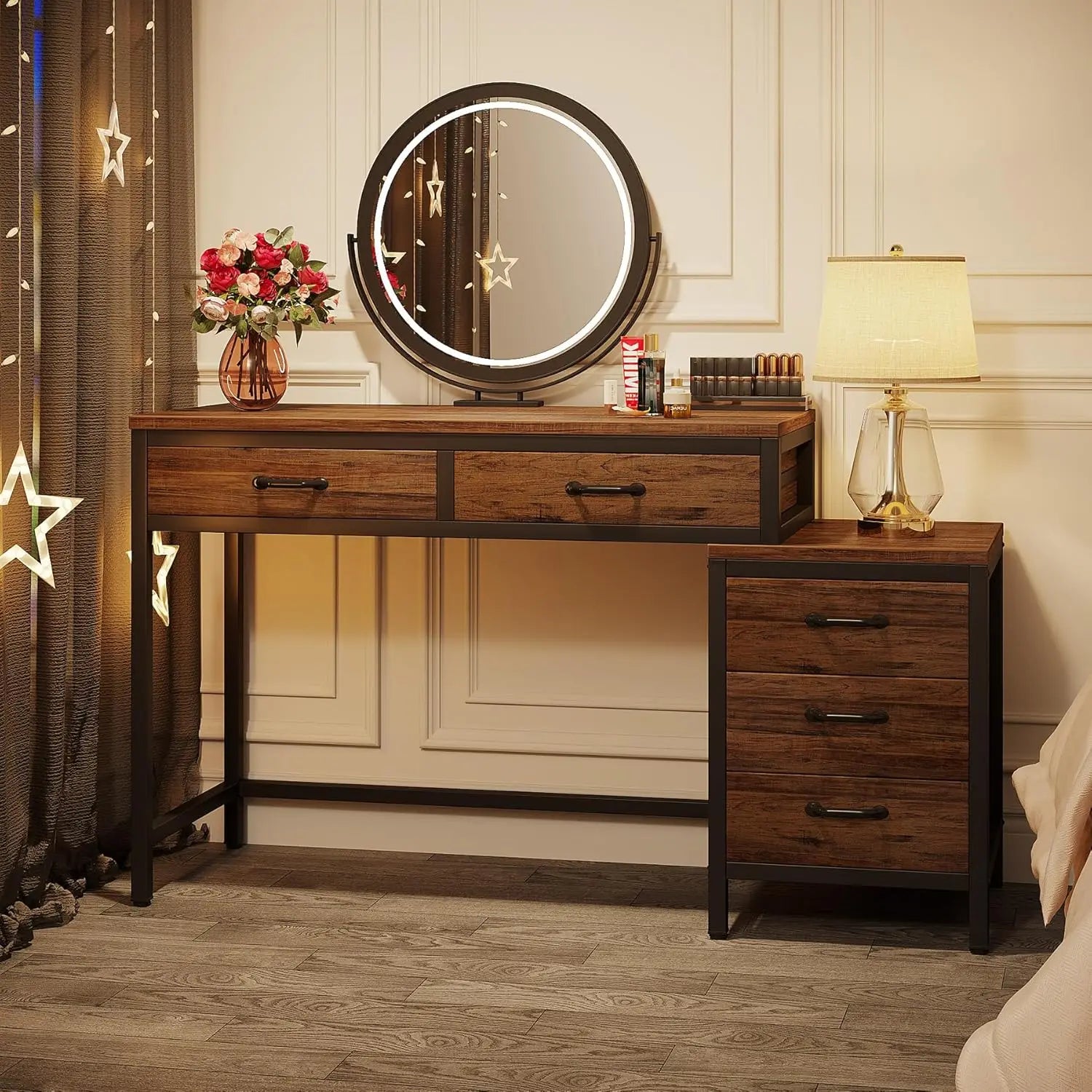 Vanity Desk with 5 Drawers & 3-Drawer Side Chest — No Mirror