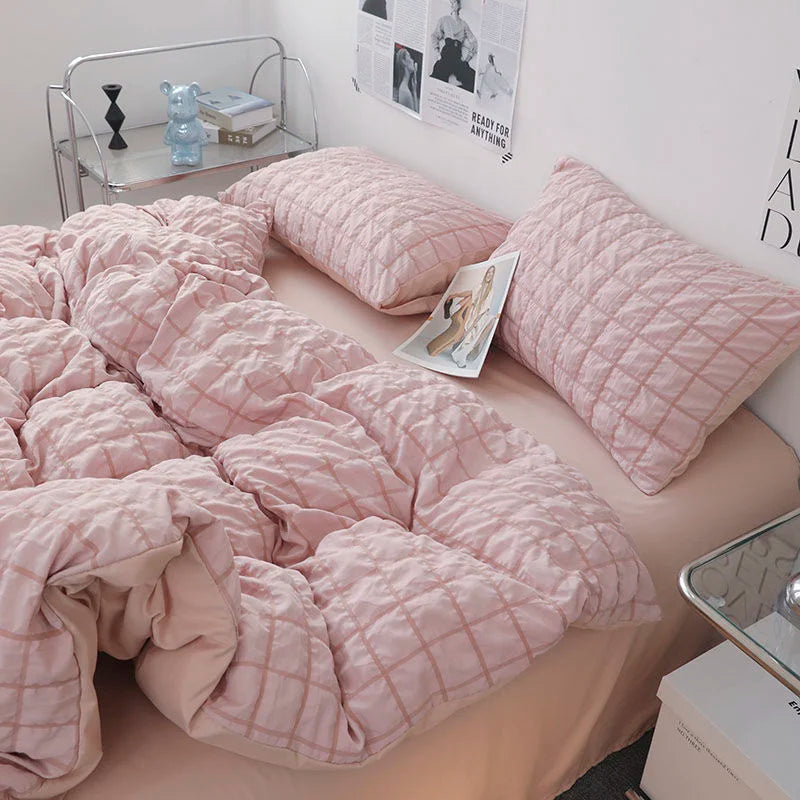 Girls Blue Seersucker Ruffle Bedding Set – Kawaii Soft Duvet Cover with Pillow Cases