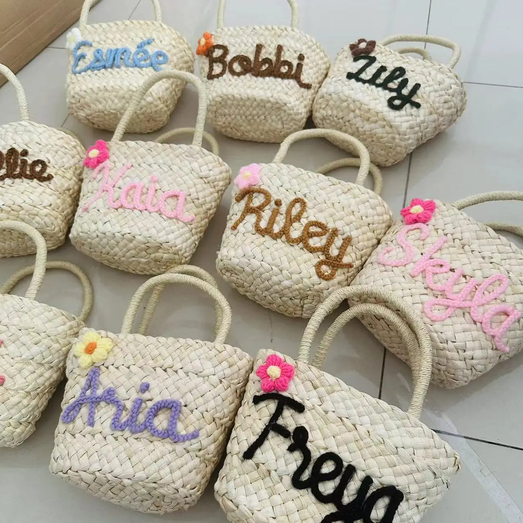 Personalized Handmade Straw Linen Tote Bag – Custom Name Bridesmaid Flower Girl Beach Bridal Party Gift Bag