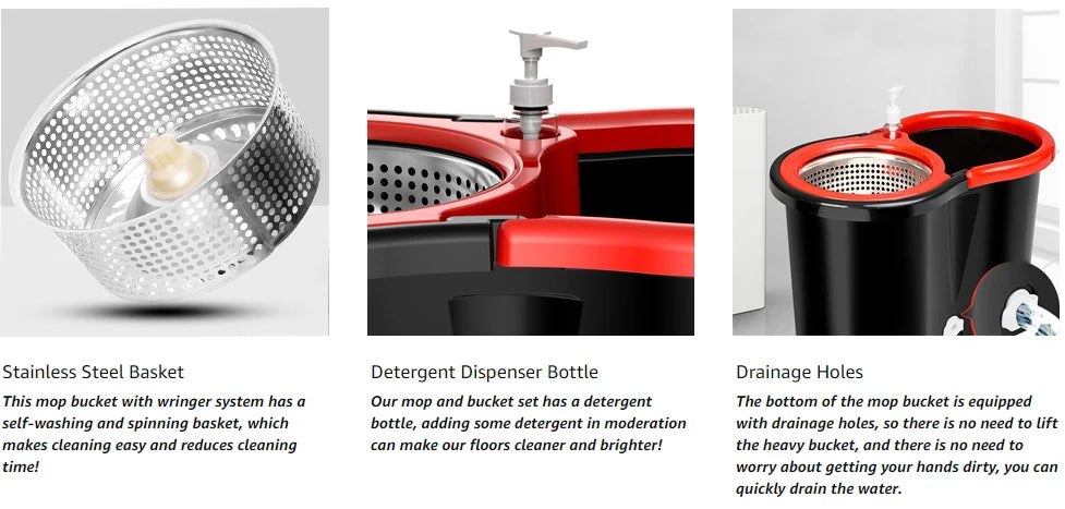 360° Spin Mop & Bucket Set — 3 Microfiber Heads, Stainless Steel Basket, 61" Adjustable Handle