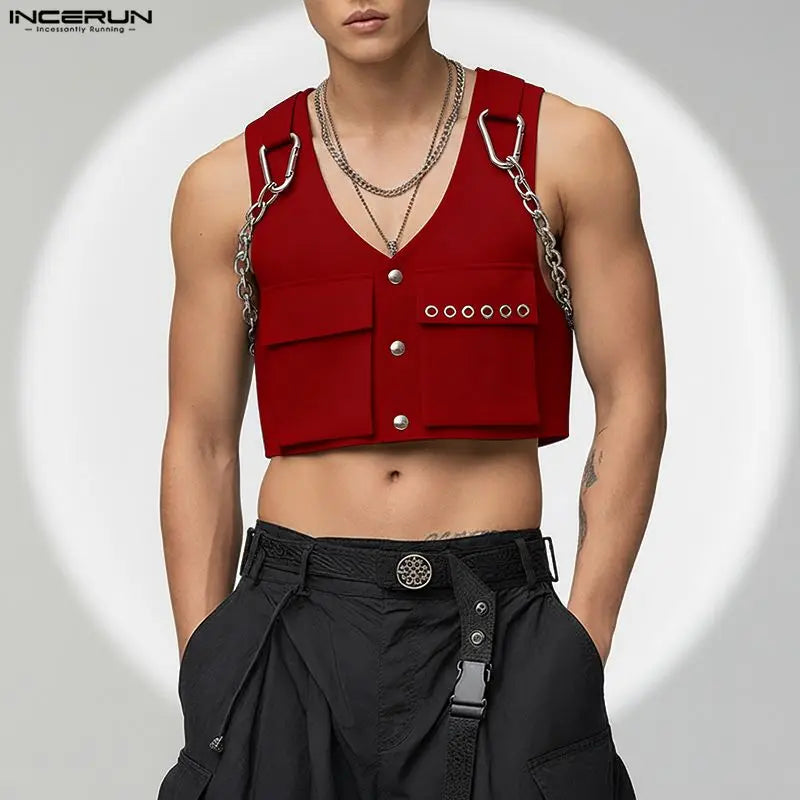 INCERUN Men's V-Neck Sleeveless Crop Vest — Solid Color Streetwear Waistcoat