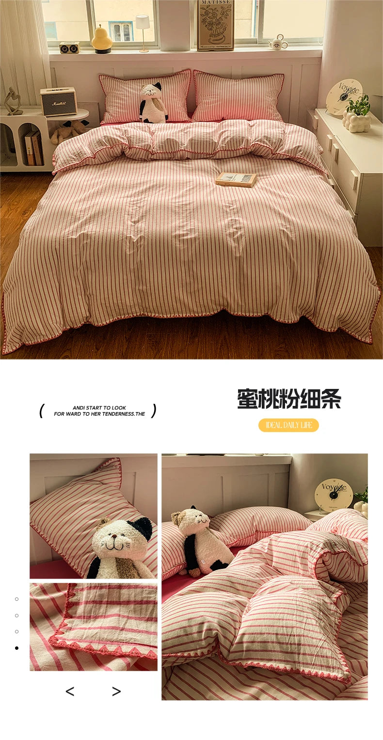 100% Cotton Stripe Duvet Cover Set – 3-Piece Bedding with 2 Pillowcases, 3 Sizes