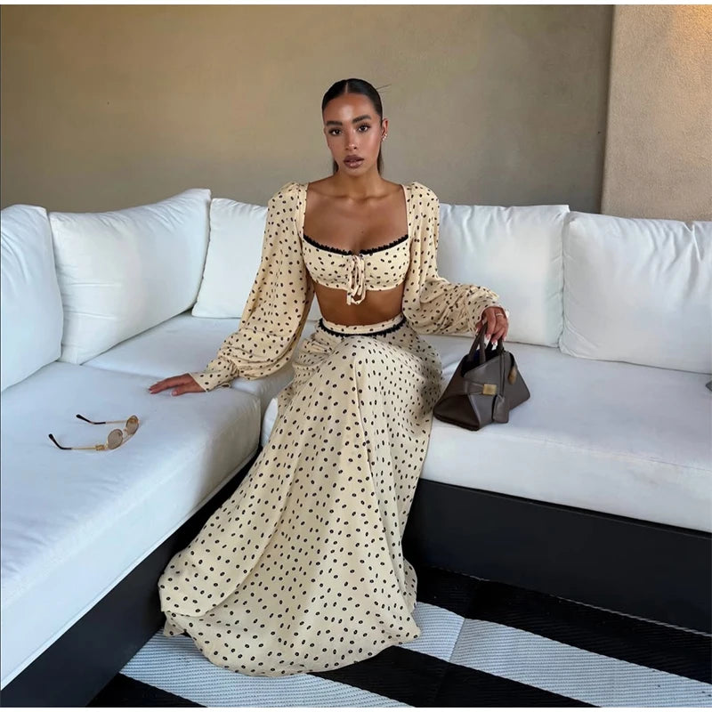Polka Dot Puff Sleeve Crop Top & Maxi Skirt Set — Square Neck Tie-Front Vacation Outfit