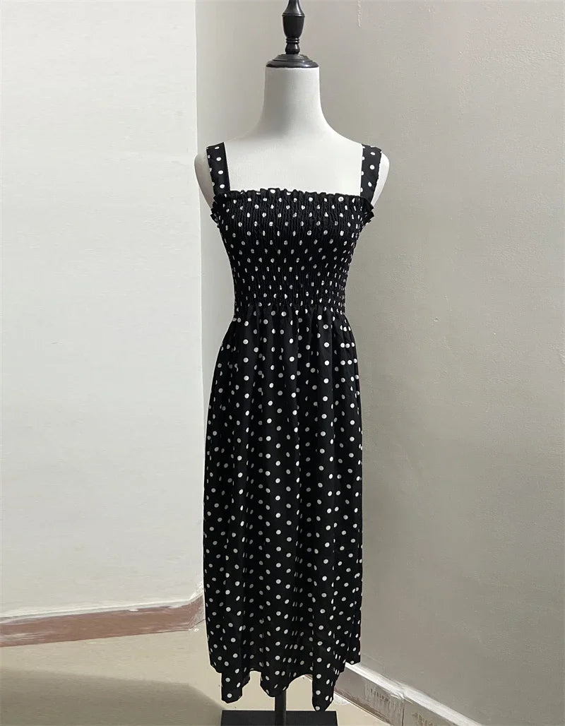 Polka Dot Square Neck Chiffon Maxi Dress — Sleeveless Elegant Long Dress