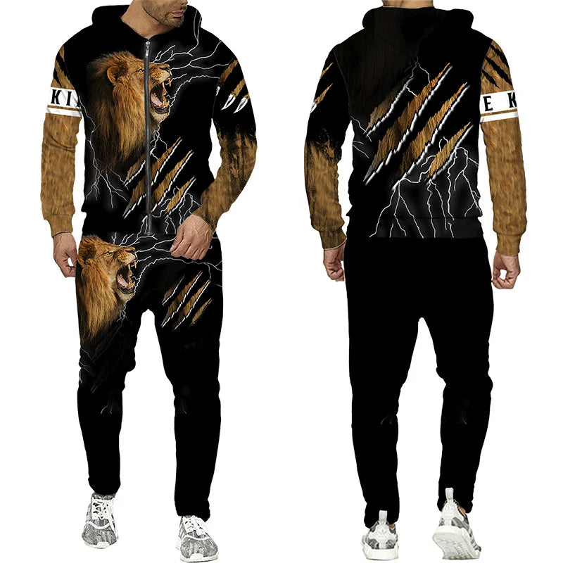 Men's 3D Lion Print Zip-Up Hoodie & Elastic Waist Pants Tracksuit Set