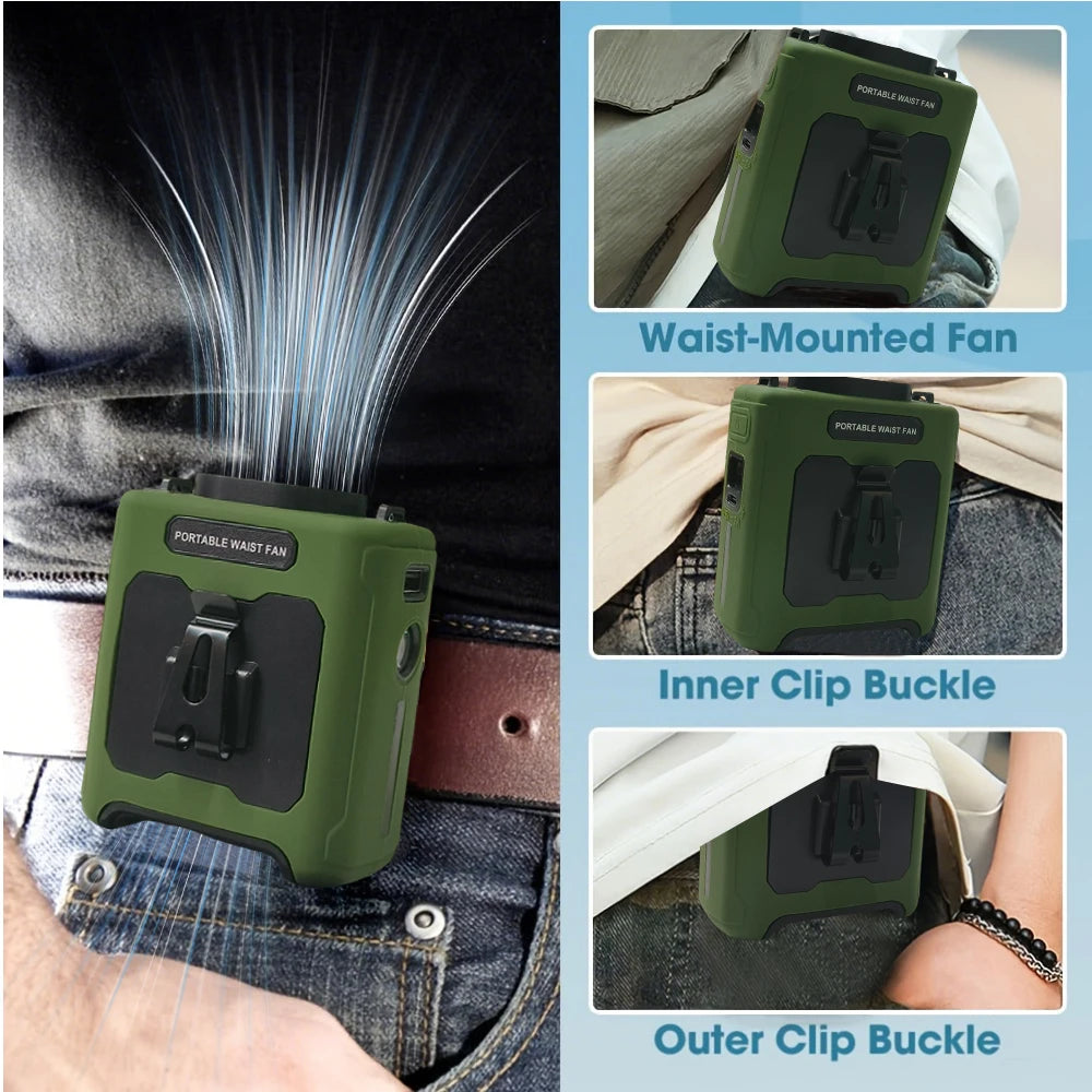 20000mAh Hands-Free Waist Fan – 5-in-1 with Power Bank, Flashlight & 5 Speeds for Outdoor Use