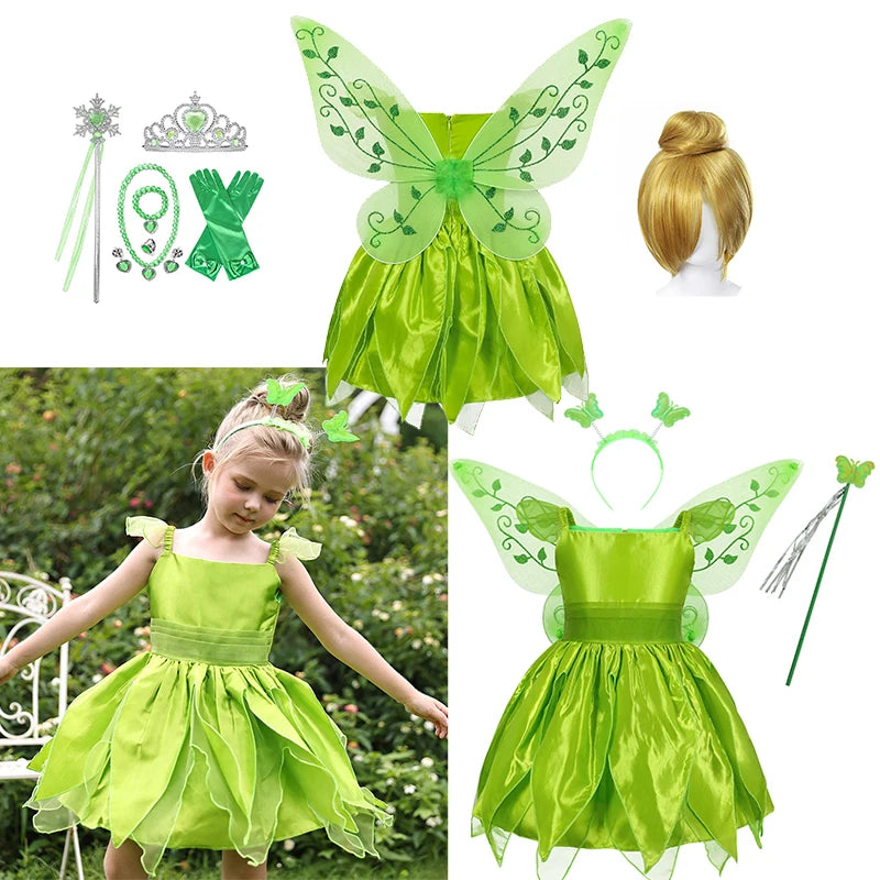 Tinkerbell Fairy Princess Dress — Green Elf Costume with Wings for Girls
