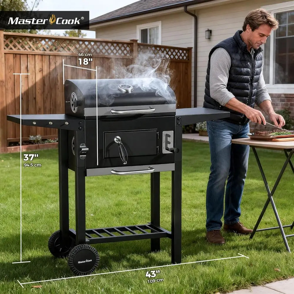 Portable Outdoor BBQ Grill | 353 Sq. In., Foldable Side Tables, 3-Level Charcoal Tray, 360° Wheels, Removable Ash Collector