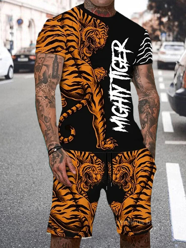 Men's Lion King 3D Print T-Shirt & Drawstring Shorts Set – Casual Outdoor Camping 2-Piece