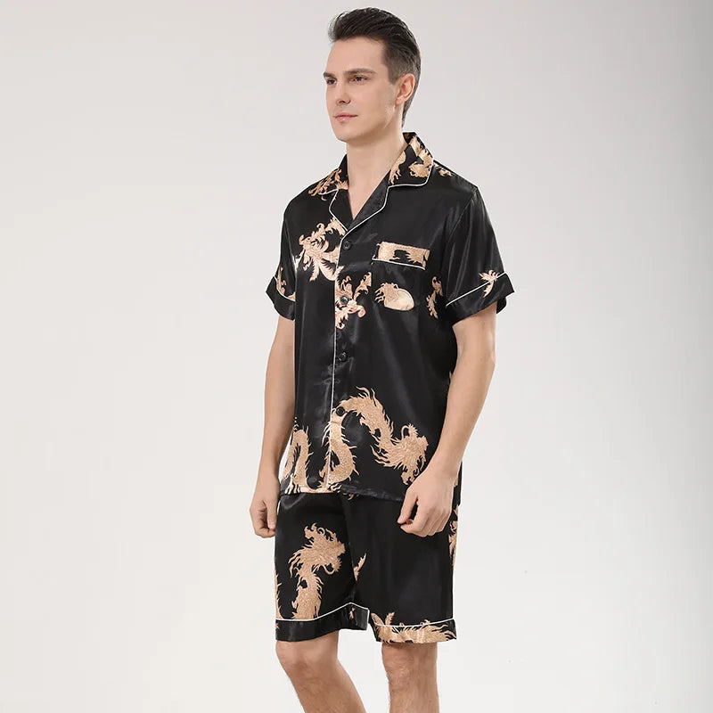 Men's Dragon Print Satin Pajama Set — Lapel Shirt & Shorts